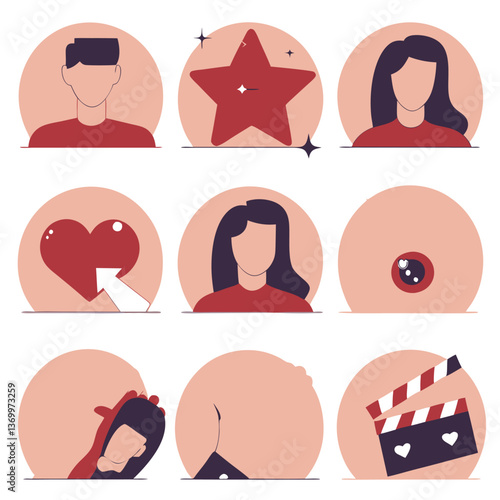 Minimalist icon set, social media avatars, pink and red color scheme, flat design, circular frames, star symbol, heart icon, movie clapperboard, profile silhouettes, simple geometric shapes