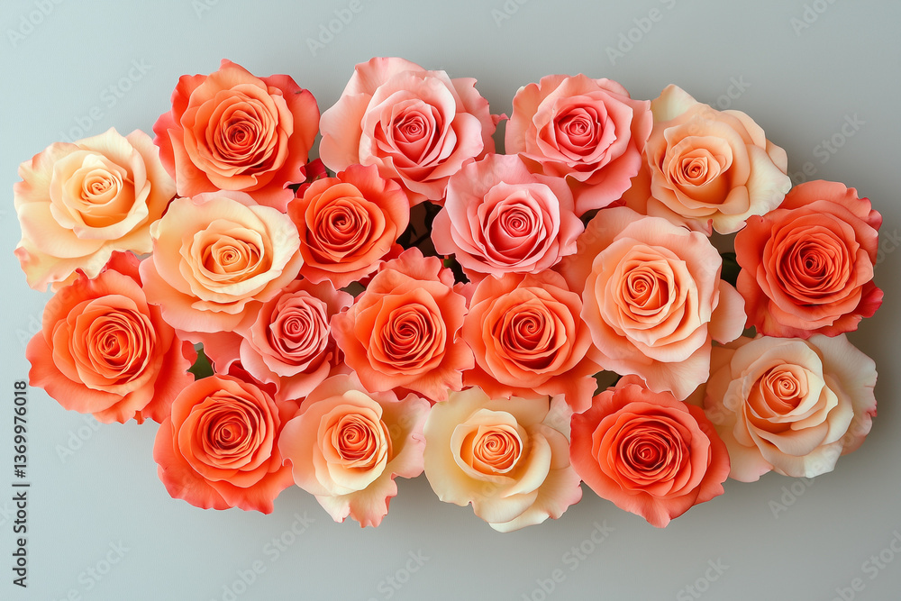 A breathtaking bouquet of coral and peach roses, a vibrant symphony of color and delicate petals, arranged in a gentle, heart-shaped cluster against a soft gray backdrop. A breathtaking bouquet of coral and peach roses, a vibrant symphony of color and delicate petals, arranged in a gentle, heart-shaped cluster against a soft gray backdrop.