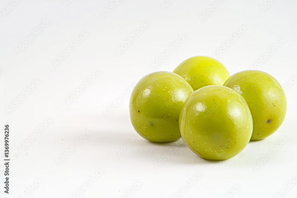Four green plums are sitting on a white background. The plums are ripe and ready to eat Four green plums are sitting on a white background. The plums are ripe and ready to eat
