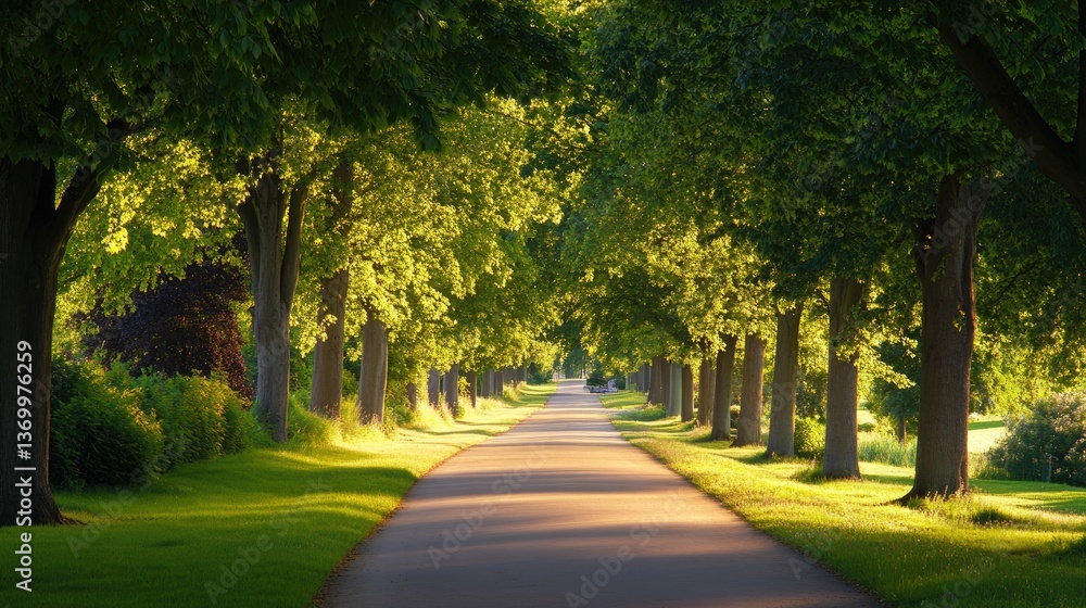 Obraz premium Serene Tree-Lined Pathway Basking in Golden Afternoon Sunlight