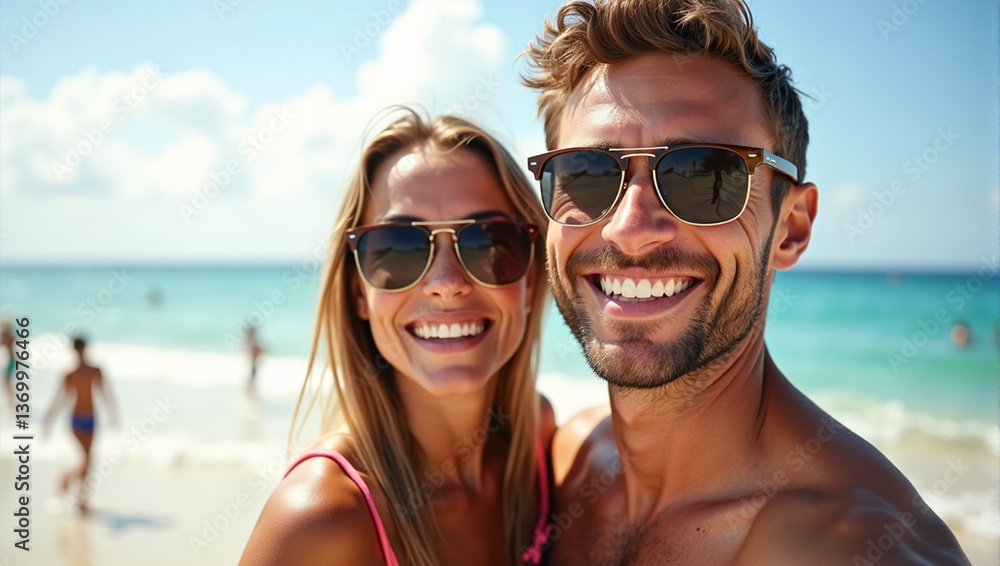 Young couple standing on a beach with the ocean in the background. Young couple standing on a beach with the ocean in the background.