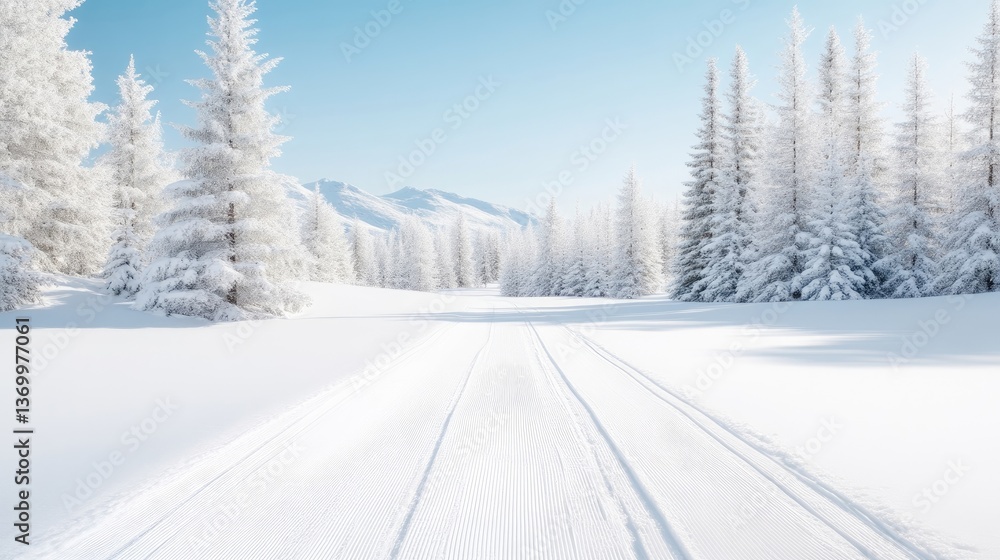 Obraz premium Snowy winter landscape, a pristine path through a frosty forest. A tranquil and breathtaking winter scene