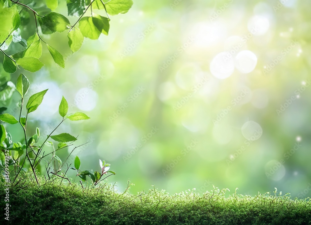 Obraz premium Close-up of moss in the forest, blurred background, bokeh effect, macro photography, detailed texture of green foliage and small twigs, forest ambiance, nature-inspired image. Stock photo. 