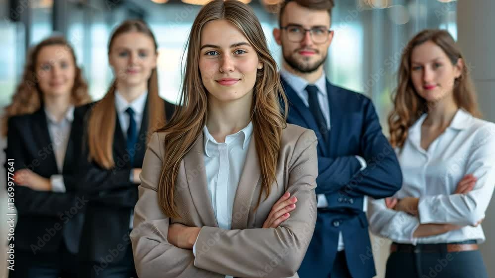 In a contemporary office space, a confident young woman stands at the forefront with her arms crossed, surrounded by her colleagues who display a sense of unity and professionalism. In a contemporary office space, a confident young woman stands at the forefront with her arms crossed, surrounded by her colleagues who display a sense of unity and professionalism.