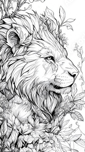 Powerful lion head surrounded by intricate floral elements and jungle leaves in a highly detailed black and white illustration created for a coloring book.