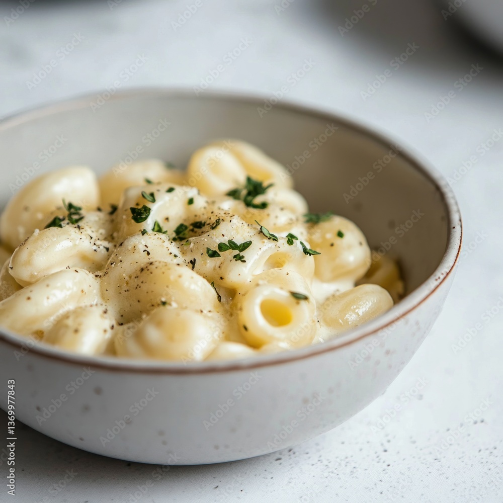 Delicious and creamy mac and cheese in a rustic bowl close up shot Delicious and creamy mac and cheese in a rustic bowl close up shot