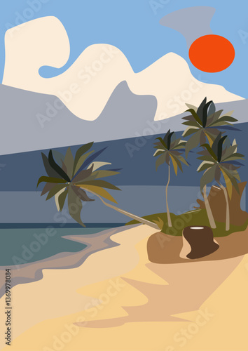 Palm trees on the beach at sunset. Vector illustration in flat style