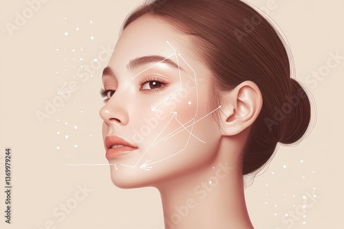 Facial mesotherapy. Beautician doing anti-aging injection for tightening skin and remove wrinkles, woman face with lift arrows, beige background
