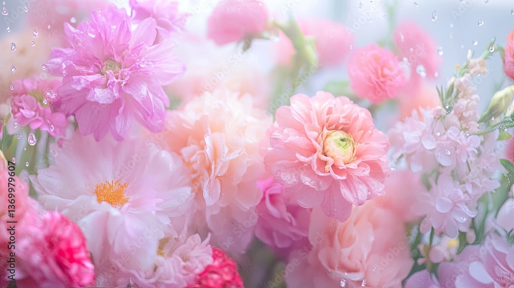 Fototapeta Soft Pastel Flowers with Water Droplets in a Bright Background