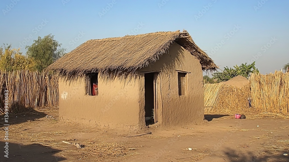 Rural Homestead With Mud Brick Home And Thatched Roof, Offering A Glimpse Into Traditional African Architecture And Simple Village Life. Rural Homestead With Mud Brick Home And Thatched Roof, Offering A Glimpse Into Traditional African Architecture And Simple Village Life.