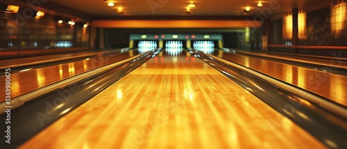 Bowling alley perspective with pins in focus and a wooden lane