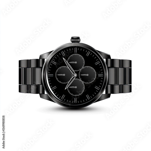 Elegant black chronograph wristwatch with minimalist design featuring four subdials on black face, metal bracelet band, and sleek stainless steel case against white background. Generative AI.