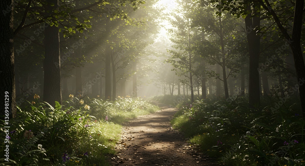 Fototapeta premium Walking Path Through a Misty Forest with Sunlight Streaming Through Trees