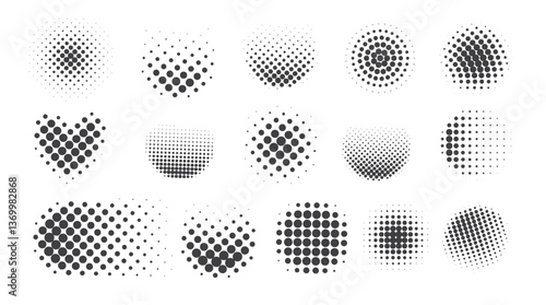 Halftone black round dot effect. Set of spotted pop art gradient patterns on white background.