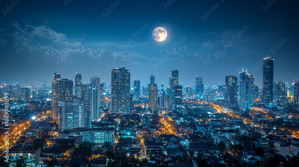 Fototapeta premium Stunning Cityscape at Night with Full Moon Over Urban Skyline