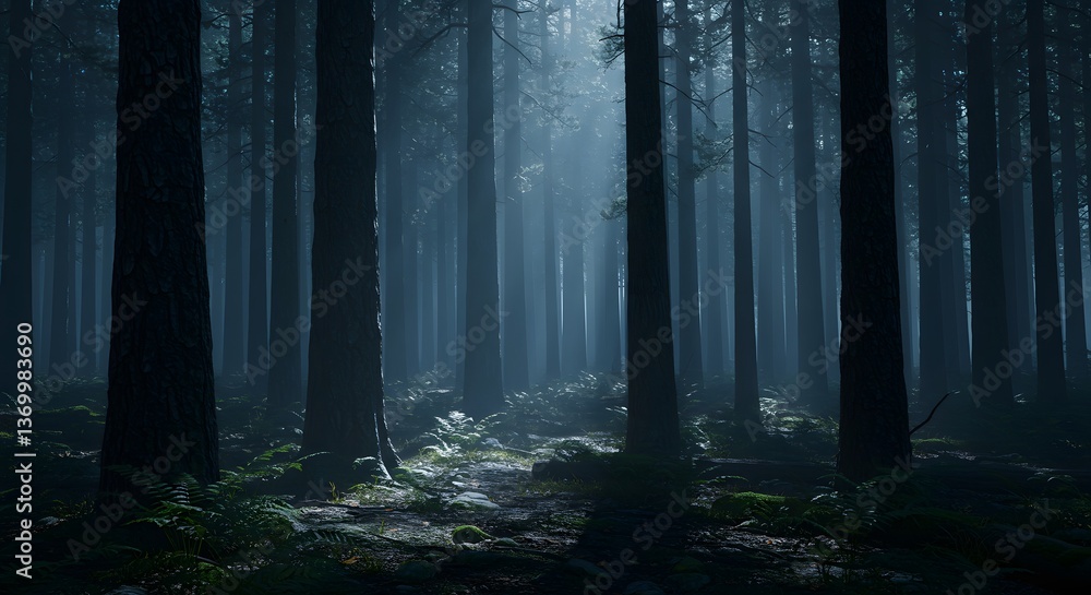 Fototapeta premium Walking Through Misty Forest with Light Rays Shining Through the Trees