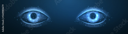 Human eye on blue background. Ophthalmology concept, eye technology, digital vision.