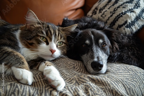 A tabby cat and a black dog cuddling closely together on a cushion