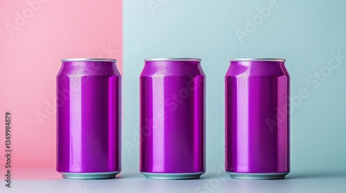Three purple soda cans sit against a split color background