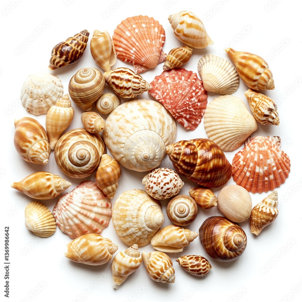 Assorted seashells arranged in a circular pattern, showcasing natural textures and warm hues against a white background. Assorted seashells arranged in a circular pattern, showcasing natural textures and warm hues against a white background.