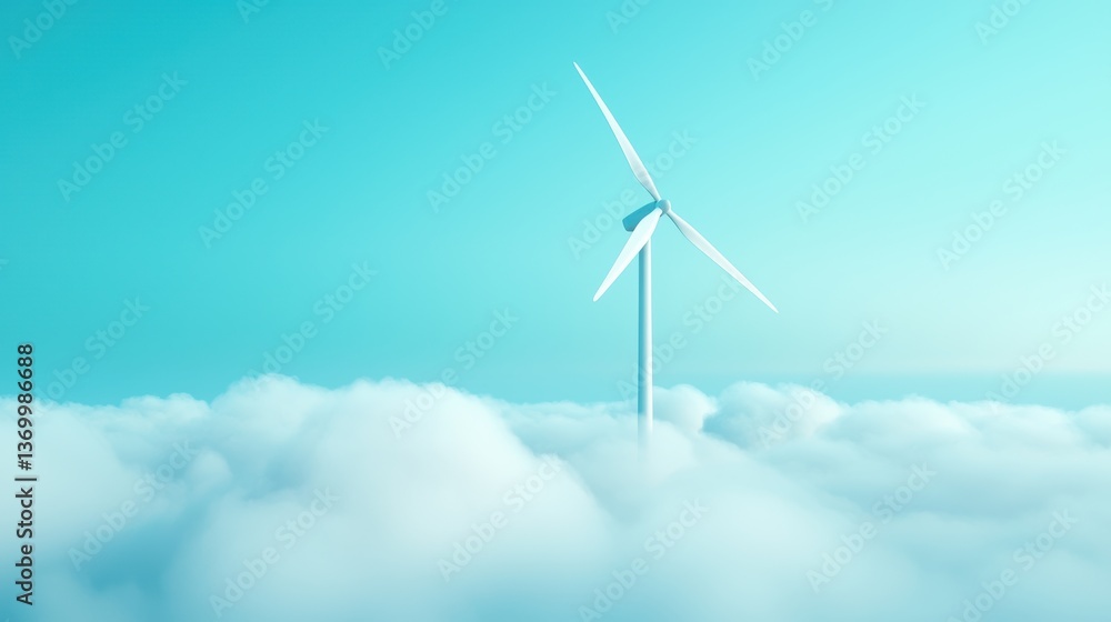 Fototapeta premium Turbine Wind energy farm covered in fog, with turbine blades emerging through the mist.