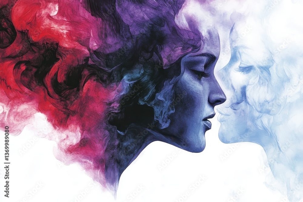 Fototapeta premium Soulmates Abstract Faces in Colorful Smoke Embrace.
