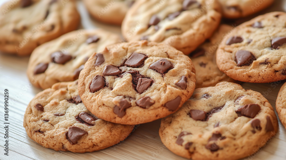 Freshly baked chocolate chip cookies with a warm, golden texture on a wooden surface Freshly baked chocolate chip cookies with a warm, golden texture on a wooden surface