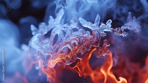 Frozen Fire with Flames Trapped in Ice Sculptures and Smoke as Snowflakes