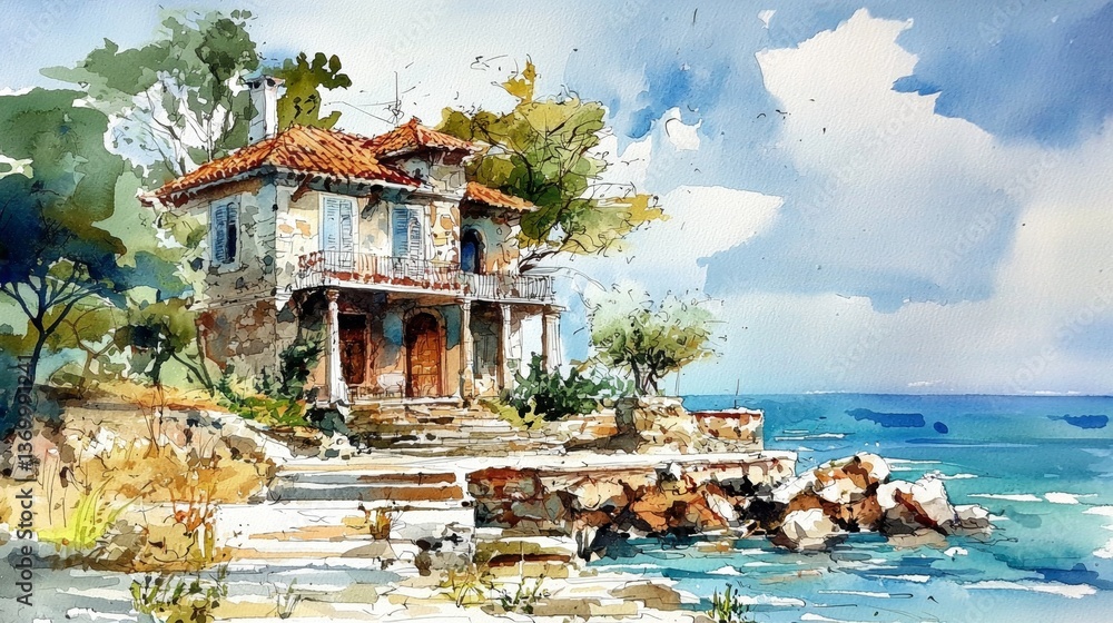 Obraz premium Serene coastal landscape featuring a historic villa in the foreground.