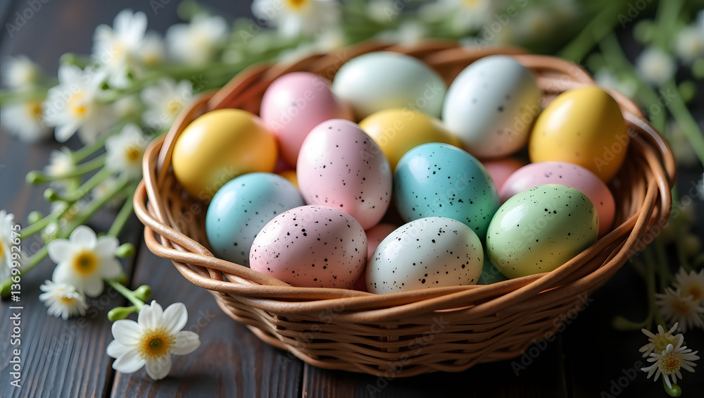 Speckled Easter Eggs in Wicker Basket Speckled Easter Eggs in Wicker Basket