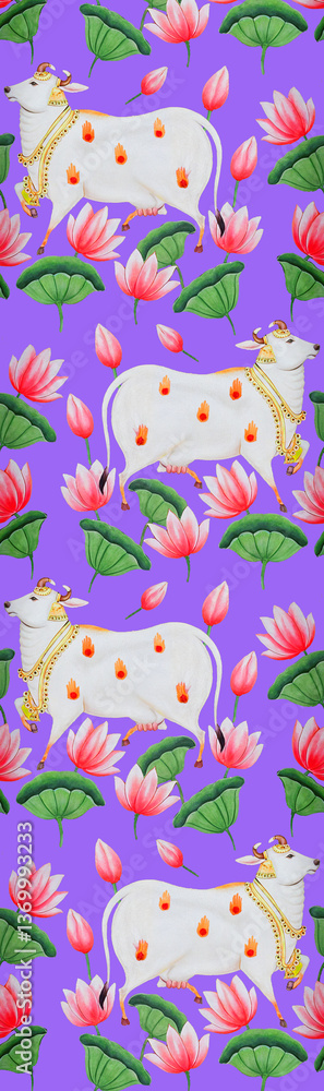 Fototapeta premium Pichwai Lotus And Cow Seamless Pattern