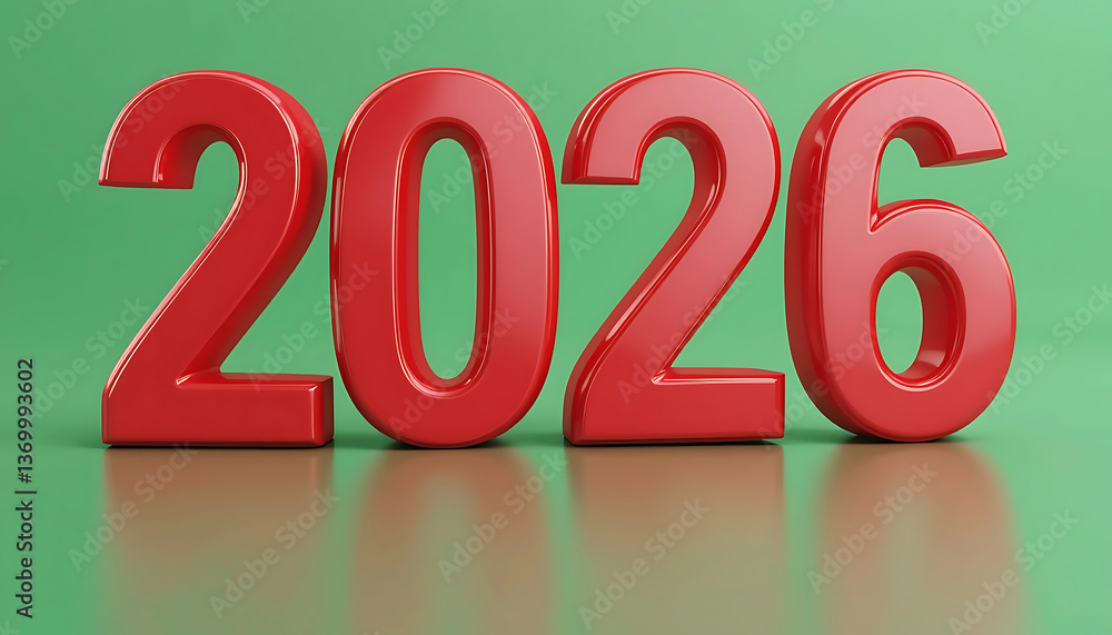 Happy New Year 2026 red numbers on green background. celebration design featuring. numbers 2026. red 3d 2026 text. Idea for New Year's greetings, festive, seasonal celebration, Christmas decorations Happy New Year 2026 red numbers on green background. celebration design featuring. numbers 2026. red 3d 2026 text. Idea for New Year's greetings, festive, seasonal celebration, Christmas decorations