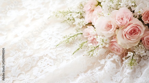 Beautiful pink roses and delicate white flowers on lace fabric