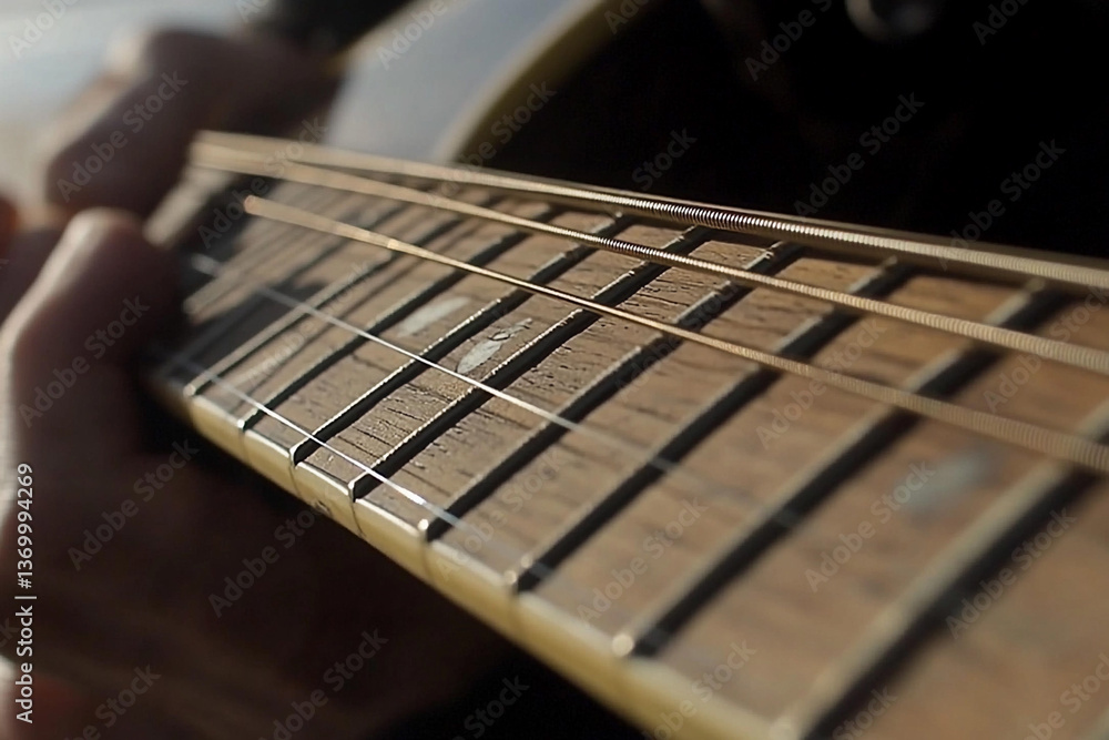 Fototapeta premium Close up view of fingers positioning on guitar fretboard during a sunlit music session outdoors