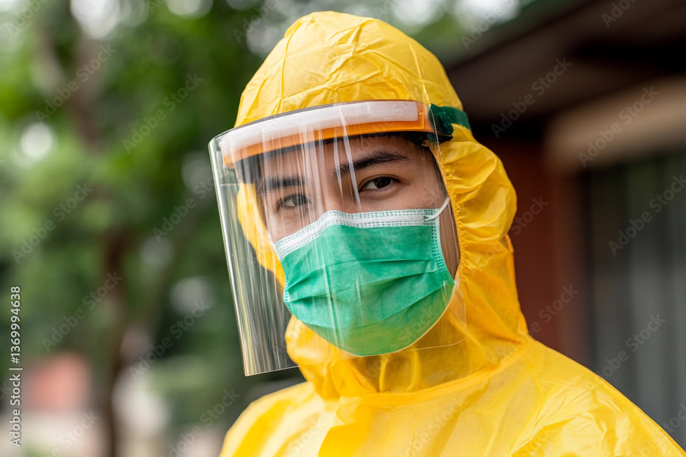 Medical face shield and protective gear worn by healthcare worker outdoors during health emergency Medical face shield and protective gear worn by healthcare worker outdoors during health emergency
