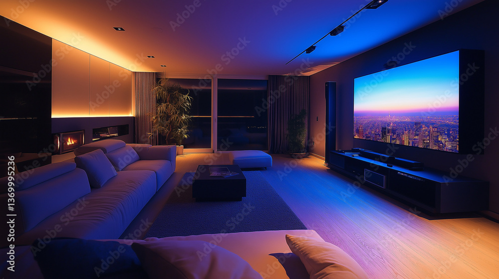 Modern Home Cinema Living Room with Ambient Lighting and Cityscape on Screen
Modern Home Cinema Living Room with Ambient Lighting and Cityscape on Screen