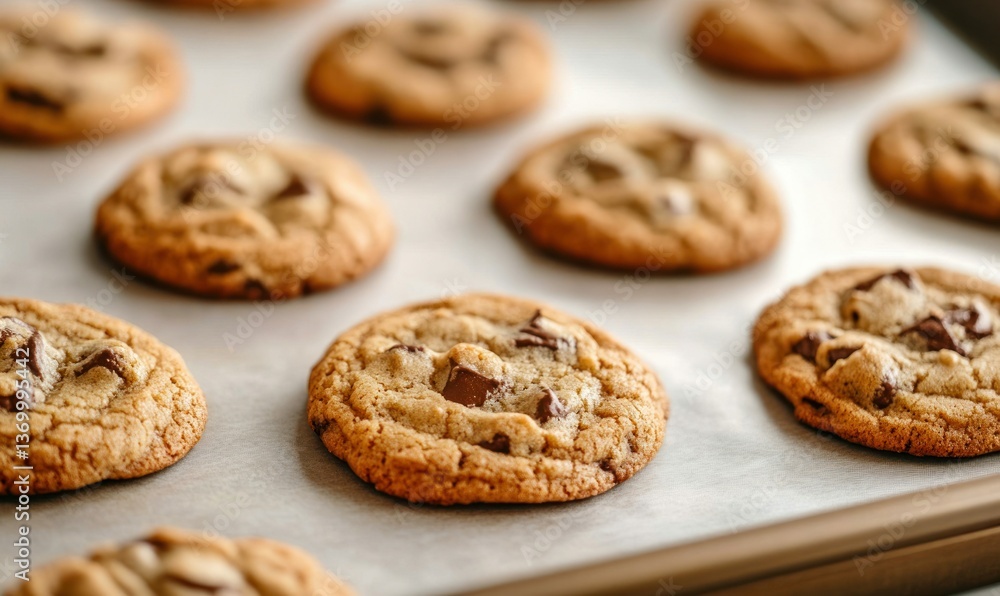 Warm, golden chocolate chip cookies fresh from the oven, arranged on a baking sheet. Warm, golden chocolate chip cookies fresh from the oven, arranged on a baking sheet.