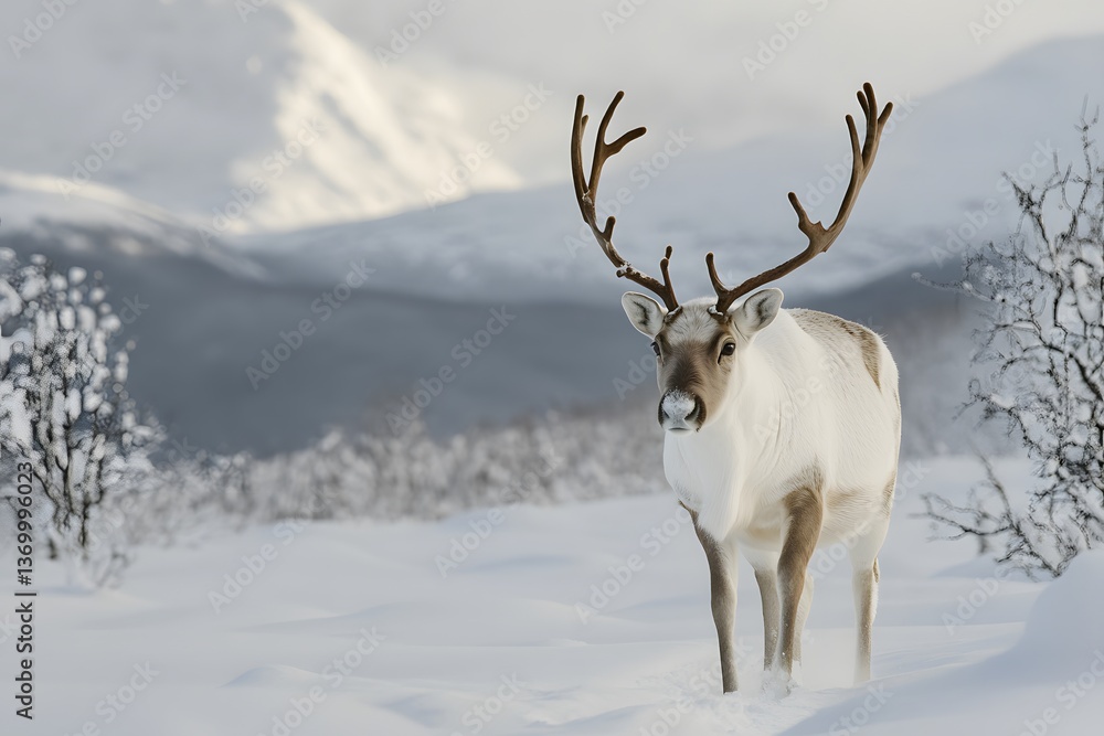 Obraz premium Reindeer walks through a snowy landscape