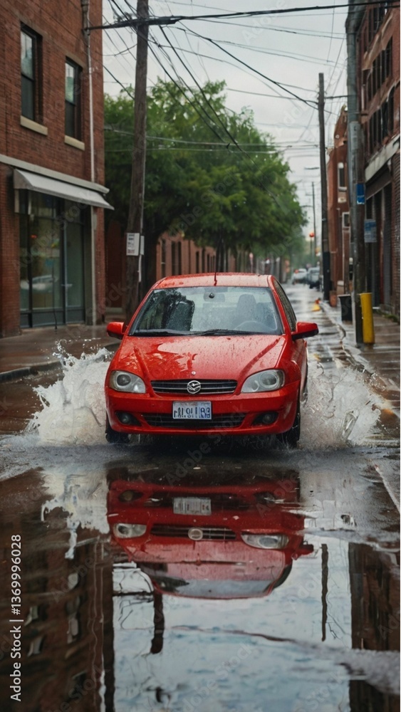 Obraz premium Vintage red cars driving through rainy streets in Havana