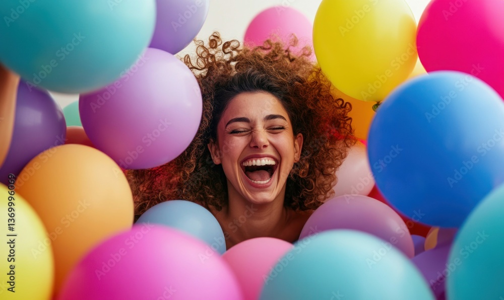 Obraz premium A cheerful woman is laughing amidst a sea of colorful balloons, radiating pure joy and excitement.