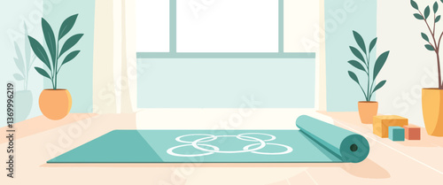 Serene yoga mat rolled out in minimalist studio, calm inclusivity