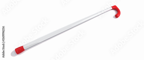 Simple white cane with red tip on white background, symbol of assistance