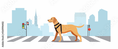 Guide dog walking confidently on crosswalk, urban safety awareness