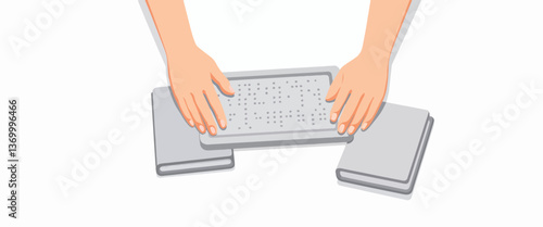 Hands reading Braille display with books nearby, literacy empowerment