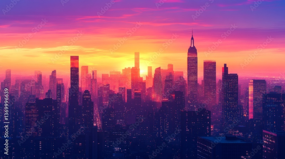 Fototapeta premium Vibrant sunset casts colorful hues over New York City skyline with iconic buildings silhouetted against the sky