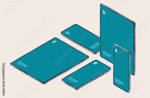 Isometric phones and tablet devices vector illustration - Mockup collection of various unbranded screen sizes standing and laying down in semi 3d angle perspective