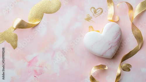 A heart decoration surrounded by ribbons and painted hearts on pink