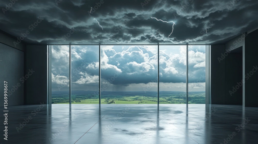 Obraz premium Empty modern office space with storm clouds and view