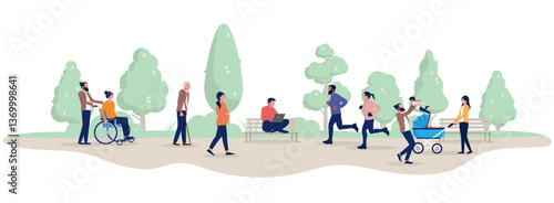 Various people in public park outdoors - Vector characters spending time and doing leisure activities outside in fresh air. Flat design vector illustration graphic on white background