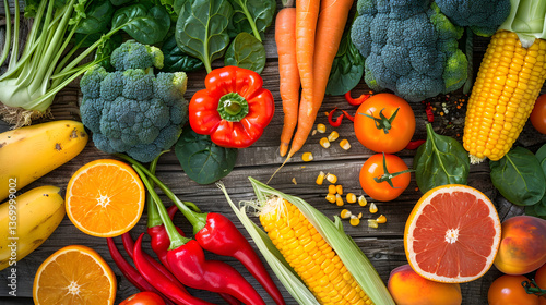 A Colorful Display of Zeaxanthin Rich Fruits and Vegetables on a Rustic Wooden Surface